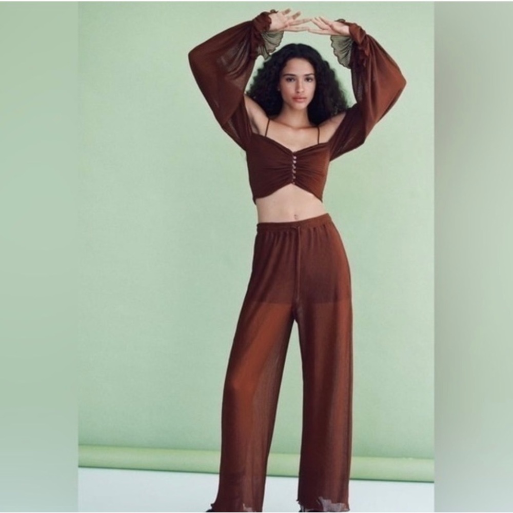 ZARA Brown Pleated Crop Top and Wide Leg Pants Set